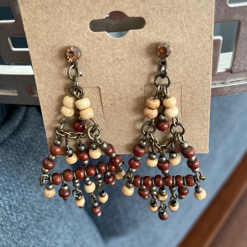 Vintage Beaded Boho Dangle Earrings Brown Cream